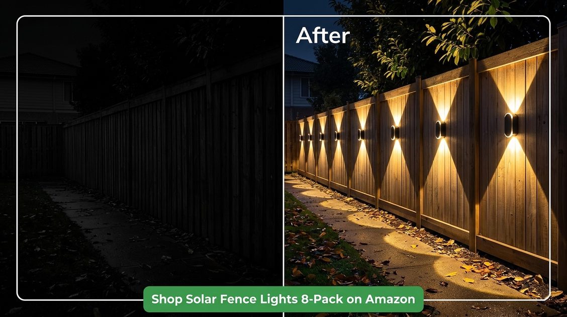 Before and After: Solar Fence Lights Transform Backyard Safety completely dark backyard with unsafe path vs same scene with solar fence lights mounted