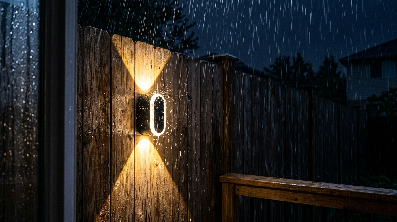 Solar fence light on cedar fence in heavy rainfall at night, fully illuminated warm glow on wet wood, water droplets bouncing off ABS housing