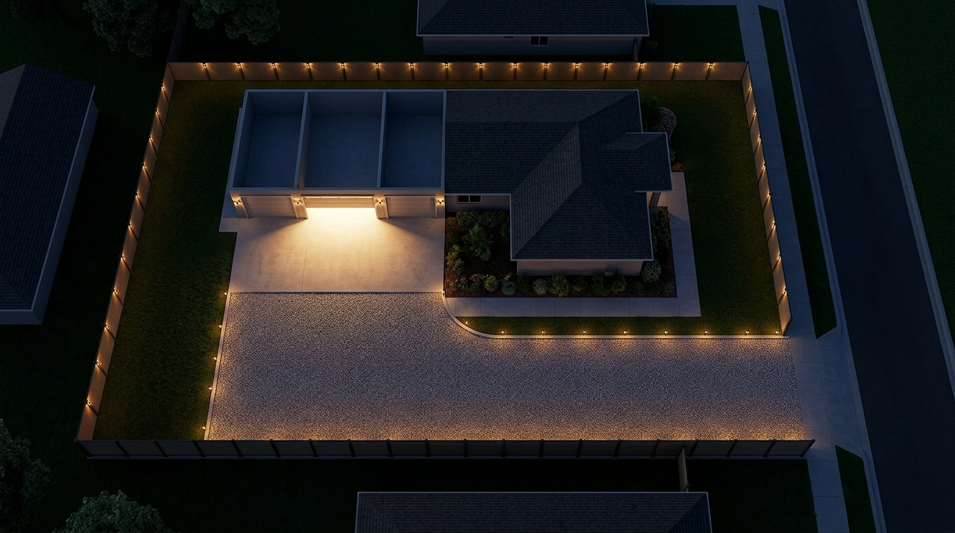 Bird's-eye view of a rectangular residential property at night with solar fence lights evenly spaced along all four fence lines, garage open with warm light spilling out
