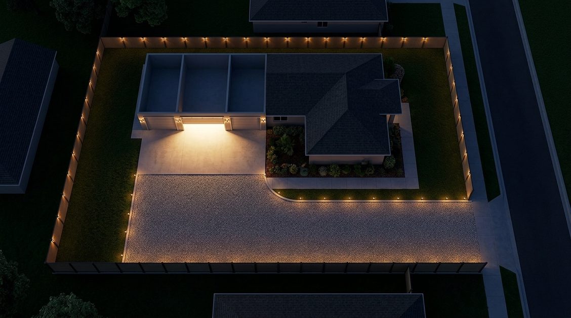 Drone Perspective: Solar Fence Lights Surrounding Entire Property Bird's-eye view of a rectangular residential property at night with solar fence lights evenly spaced along all four fence lines