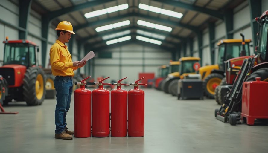 Visual context for fire extinguisher types for farm workshop